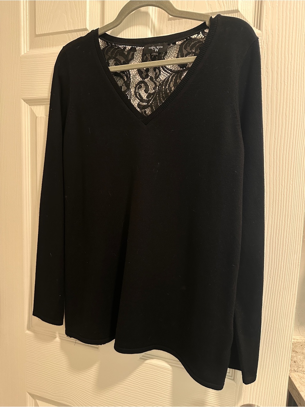 Black V-Neck Sweater with Lace Back Detail